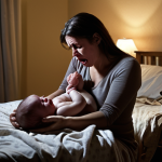 A new mother looking overwhelmed and exhausted, sitting on the edge of her bed in a dimly lit room, with a crying baby in a bassinet nearby. The scene should convey feelings of isolation and despair.