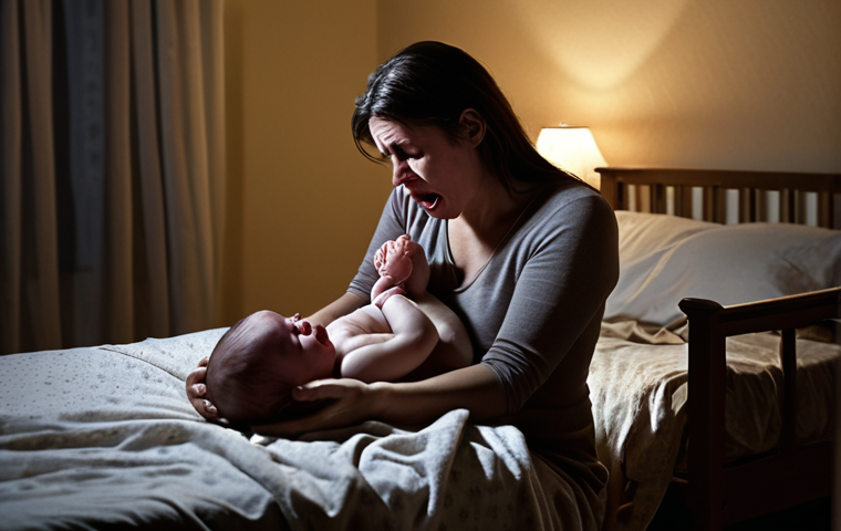 A new mother looking overwhelmed and exhausted, sitting on the edge of her bed in a dimly lit room, with a crying baby in a bassinet nearby. The scene should convey feelings of isolation and despair.