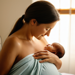 A gentle mother, fully clothed in modest, comfortable hospital attire, holding her newborn baby skin-to-skin in a serene, softly lit delivery room. The baby is nestled securely against her, fully covered by a soft, modest blanket, depicting the natural instinct for the first feed and the precious "Golden Hour." Appropriate content, safe for work, family-friendly, perfect anatomy, correct proportions, natural pose, well-formed hands, proper finger count, natural body proportions, professional photography, high quality, warm ambient light, serene atmosphere.