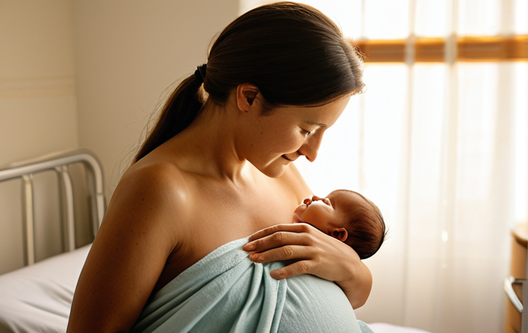 A gentle mother, fully clothed in modest, comfortable hospital attire, holding her newborn baby skin-to-skin in a serene, softly lit delivery room. The baby is nestled securely against her, fully covered by a soft, modest blanket, depicting the natural instinct for the first feed and the precious "Golden Hour." Appropriate content, safe for work, family-friendly, perfect anatomy, correct proportions, natural pose, well-formed hands, proper finger count, natural body proportions, professional photography, high quality, warm ambient light, serene atmosphere.