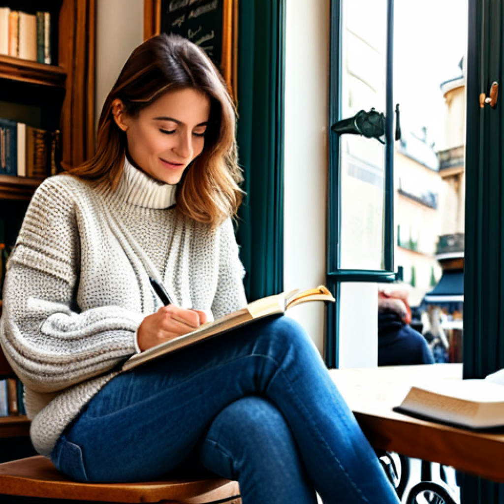Woman with Journal in a Cozy Setting**

"A woman sitting comfortably in a brightly lit Parisian cafe, writing in a journal, fully clothed in a warm sweater and jeans, surrounded by books and a cup of coffee, safe for work, appropriate content, perfect anatomy, natural proportions, professional, family-friendly, detailed background, soft lighting."

**