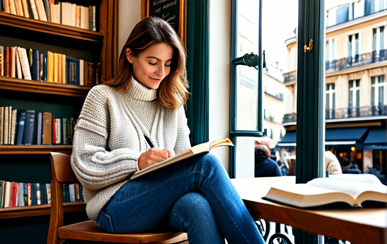 Woman with Journal in a Cozy Setting**
"A woman sitting comfortably in a brightly lit Parisian cafe, writing in a journal, fully clothed in a warm sweater and jeans, surrounded by books and a cup of coffee, safe for work, appropriate content, perfect anatomy, natural proportions, professional, family-friendly, detailed background, soft lighting."
**