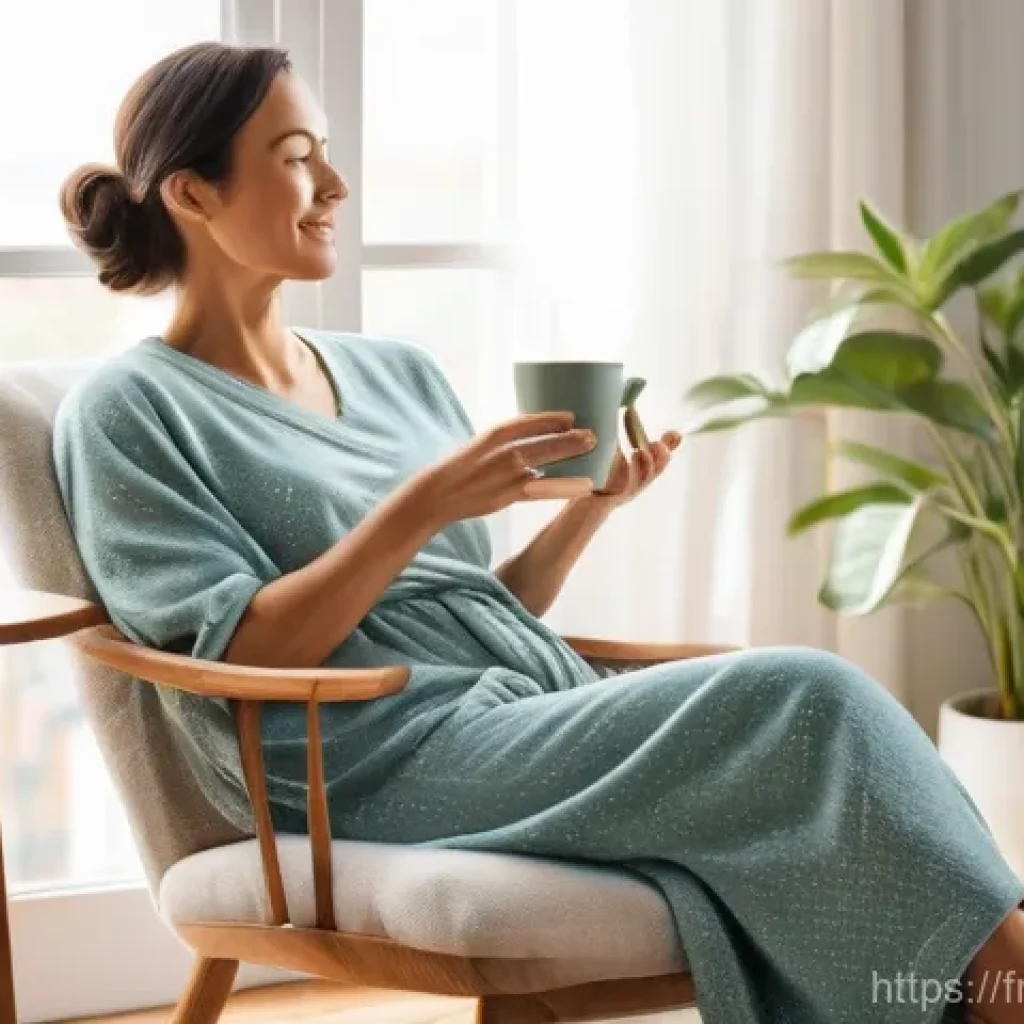 고령 임신의 위험 요소와 관리법 - A radiant woman in her late 30s to early 40s, enjoying a peaceful moment of self-care. She is seated...