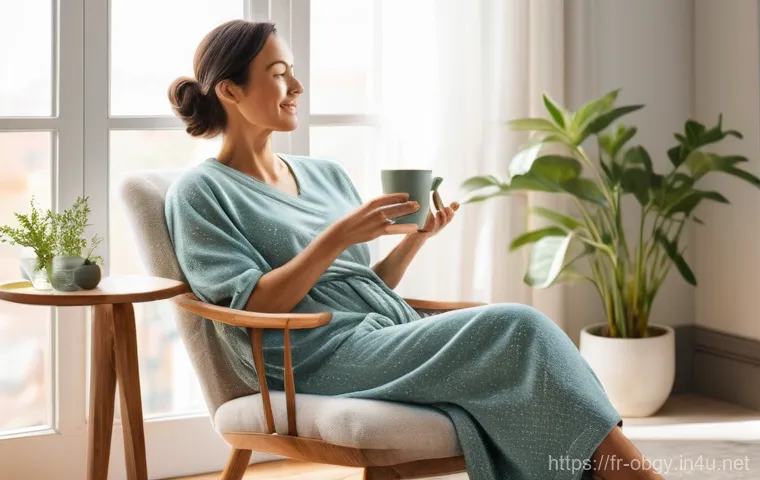 고령 임신의 위험 요소와 관리법 - A radiant woman in her late 30s to early 40s, enjoying a peaceful moment of self-care. She is seated...