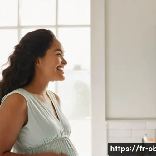 임신 중 피부 트러블 완화 팁 - **Prompt:** A serene, pregnant woman in her late 20s, with a gentle smile, standing in a brightly li...
