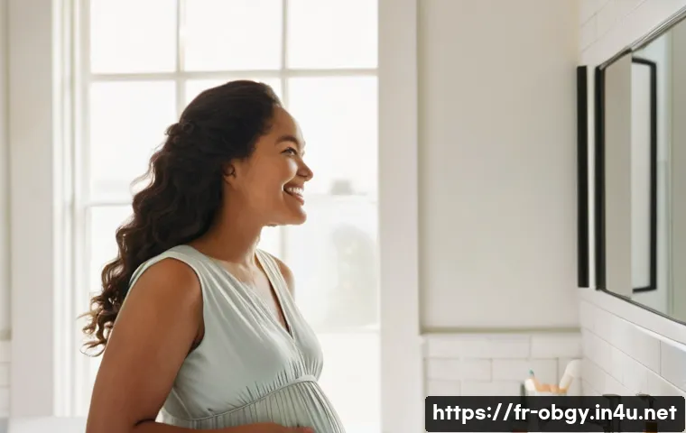 임신 중 피부 트러블 완화 팁 - **Prompt:** A serene, pregnant woman in her late 20s, with a gentle smile, standing in a brightly li...