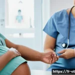 임신성 고혈압 증상과 병원 관리 - A serene prenatal clinic scene showing a pregnant woman in her mid-30s, wearing comfortable maternit...