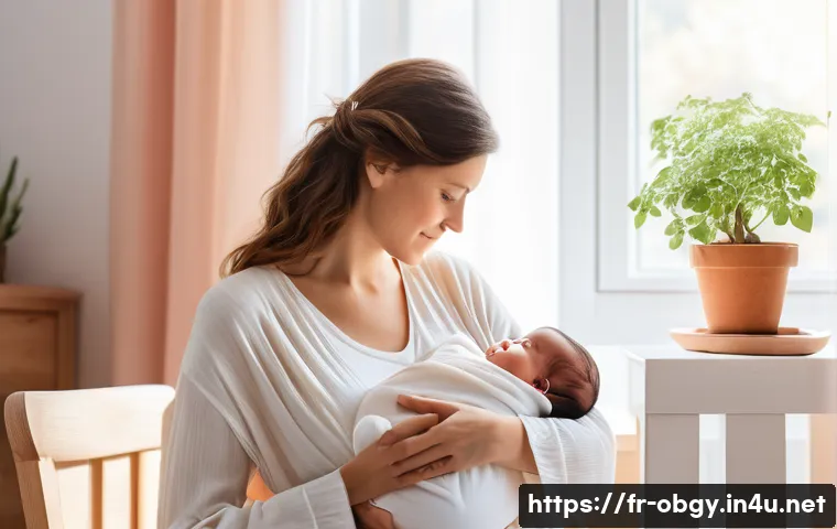 출산 후 생리 회복 시기와 주의사항 - A serene and intimate scene of a young French mother breastfeeding her infant in a softly lit, cozy ...